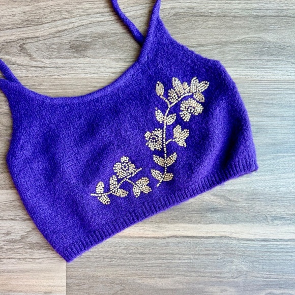 Zara Floral Beaded Purple Wool Blend Knit Crop Tank Top Women’s Size S - Picture 4 of 13